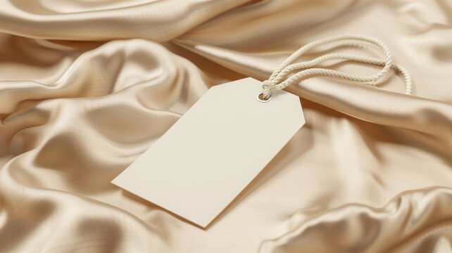  A blank tag with a jute string on a beige fabric background, perfect for product tags, branding, and packaging.