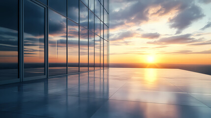 Fototapeta premium Glass architectural space reflecting sunset