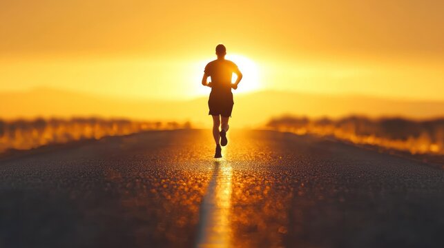 ambition and determination, a silhouette running toward the sunrise on an empty road, representing drive and perseverance