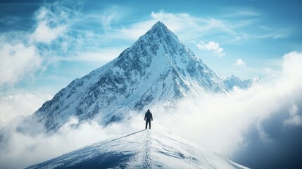 Conceptual image symbolizing ambition, a person standing at the foot of a mountain, gazing upward towards the peak, ready to conquer challenges