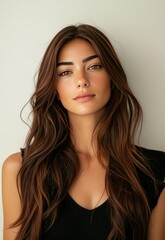 Naklejka premium A portrait of a model with flowing, shiny hair, styled perfectly, standing against a plain white background 