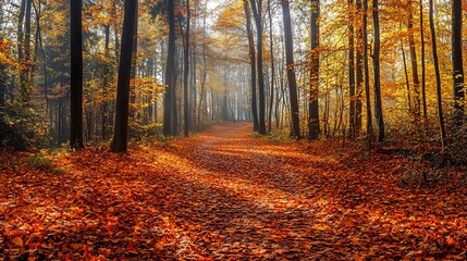 A path through a foggy forest with colorful autumn leaves on the ground.