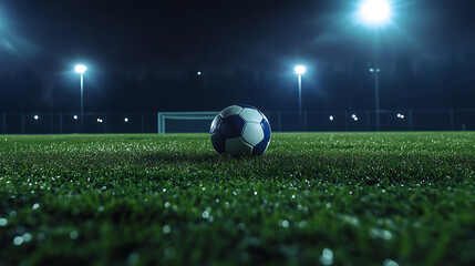 Soccer ball on the green field at night. 3D rendering