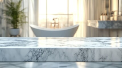 Marble countertop with blurred bathroom background.