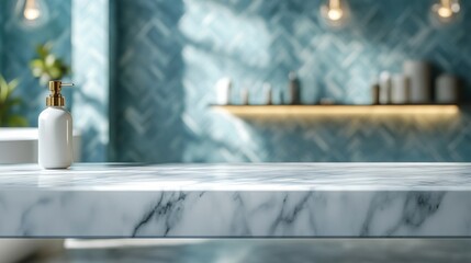 White marble countertop with a white bottle with gold top in front of a blue tiled wall.
