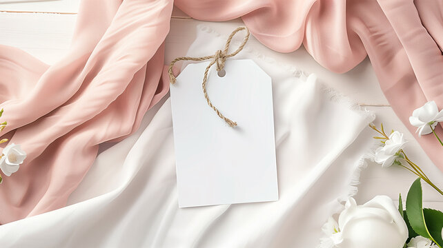  A blank tag with a jute string on a beige fabric background, perfect for product tags, branding, and packaging.