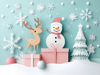2408 20.A playful Christmas design in paper-cut style with a snowman and deer standing on a gift box, surrounded by snowflakes and festive elements. The soft pastel colors and intricate details make