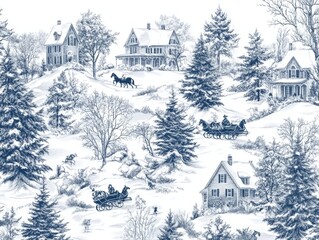Naklejka premium 2408 27.A detailed winter snow scene in a vintage Toile de Jouy pattern, showcasing classic Christmas motifs such as Victorian-style houses, horse-drawn sleighs, and snow-covered pine forests. The