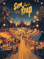 Obraz premium Wander through the bustling night market of Siem Reap, where colorful stalls offer local delicacies and artisan crafts, illuminated by glowing lanterns against the backdrop of ancient temples.