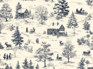 2408 28.A vintage-inspired Christmas Toile de Jouy seamless pattern featuring a winter snow scene with old-fashioned holiday elements, including ornate cottages, sleigh rides, and people gathering