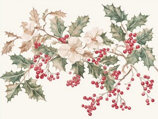Fototapeta premium 2408 32.An elegant holiday illustration featuring Christmas flowers, branches, and holly with clusters of red berries. The delicate composition is perfect for festive greeting cards or New Year