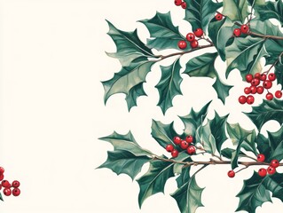 Fototapeta premium 2408 34.A charming illustration of Christmas branches with holly leaves and bright red berries, perfect for holiday cards and New Year invitations. The intricate details of the foliage and berries