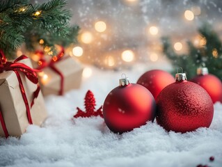 2408 36.A cozy winter scene with red Christmas decorations arranged on snow, surrounded by gift boxes, fir tree branches, and glowing holiday lights. The festive red ornaments stand out against the