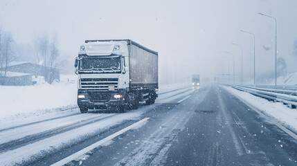 A truck carrying cargo in the winter on the highway in the evening. AI Generated