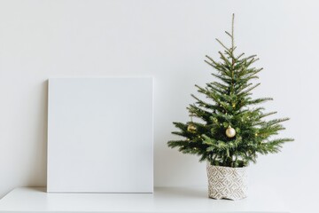 Minimalist Christmas Mockup with Small Tree and Blank Canvas