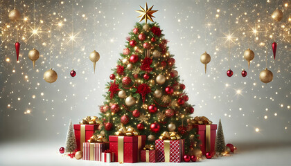 Decorated Christmas Tree with Red and Gold Ornaments Celebrating the Holiday Spirit