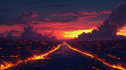 A dramatic volcanic scene where a well-lit road cuts through a lava field, with the fiery orange and red hues of the molten rock contrasting against the darkening sky.