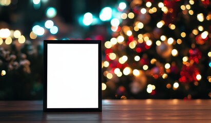 Vertical Display Frame Against a Festive Christmas Light Background