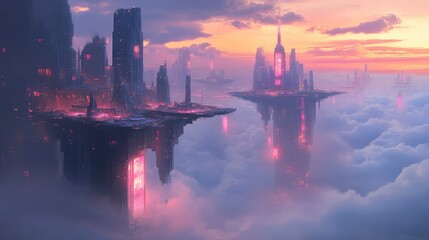 Fototapeta premium A floating city built on massive platforms suspended above the clouds, with glowing towers rising into the sky.