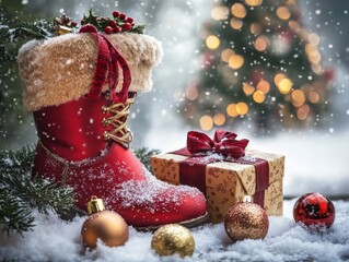 2408 57.A traditional Christmas red boot filled with gifts sits beside a neatly wrapped gift box and sparkling Christmas balls. The festive decorations are surrounded by freshly fallen snow, with a