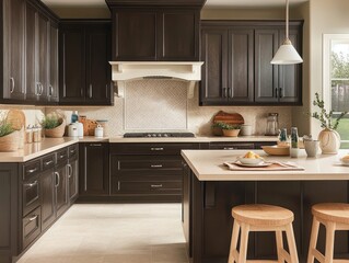 A kitchen with dark brown cabinetry, cream-colored countertops, and a tan backsplash