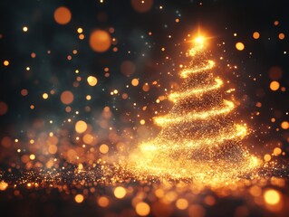 2408 66.A glowing Christmas tree made of shimmering lights and bright, glittering particles. The tree is formed by glowing lines of light, creating a magical, sparkling effect, with blurred lights