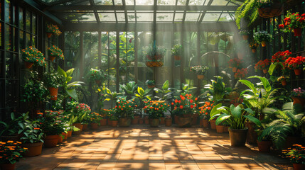 Fototapeta premium Sunlight filters through the glass roof of a greenhouse, illuminating an array of colorful plants and flowers in various pots.