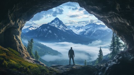 A man stands at the entrance of a cave and looks out over a breathtaking view of a mountain range, covered in snow and fog.