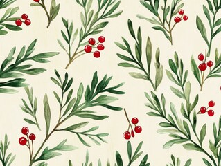 2408 71.A seamless pattern featuring watercolor illustrations of Christmas tree twigs and red holly berries, arranged in a repeating design. The delicate green branches and vibrant red berries create