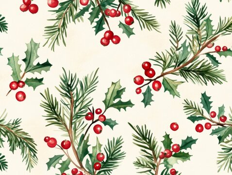 2408 71.A seamless pattern featuring watercolor illustrations of Christmas tree twigs and red holly berries, arranged in a repeating design. The delicate green branches and vibrant red berries create
