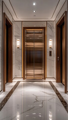 Luxury elevator lobby, marble flooring, chandelier lighting, opulent design, high-end interior, elegant architecture, rich textures, luxury real estate, modern lobby design, upscale building lobby