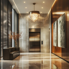 Luxury elevator lobby, marble flooring, chandelier lighting, opulent design, high-end interior, elegant architecture, rich textures, luxury real estate, modern lobby design, upscale building lobby