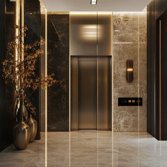 Luxury elevator lobby, marble flooring, chandelier lighting, opulent design, high-end interior, elegant architecture, rich textures, luxury real estate, modern lobby design, upscale building lobby