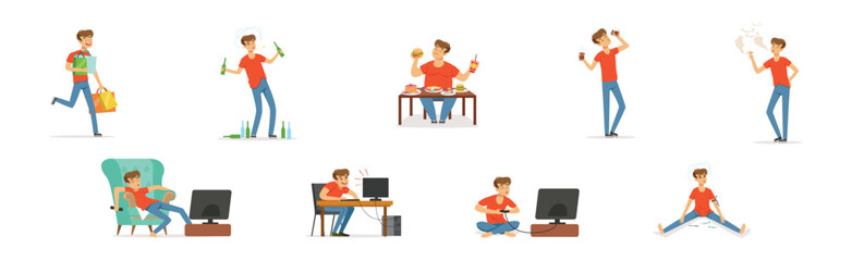 Bad Habits with Man Character Have Some Addictions Problem Vector Set