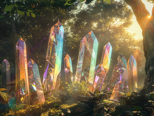 A field of giant crystals refracts sunlight into vibrant colors, creating magical atmosphere in lush forest. scene is enchanting and serene.