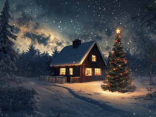 Fototapeta premium 2408 82.A charming snow-covered house sits in a peaceful Christmas landscape at night. The Christmas tree outside twinkles with lights, and snowflakes drift down from a dark sky filled with stars.