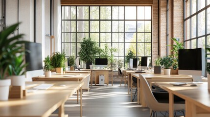 Obraz premium A modern coworking space with wooden desks and multiple PC monitors in a row, bathed in natural light from a panoramic window.