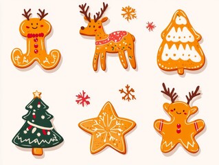 2408 90.A cute set of Christmas gingerbread cookies in festive shapes, including reindeer, Christmas trees, and stars. Each cookie is adorned with colorful icing in a fun, flat cartoon style,