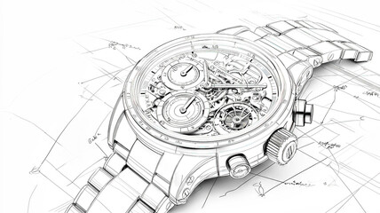 Luxury chronograph watch design lying on technical drawing