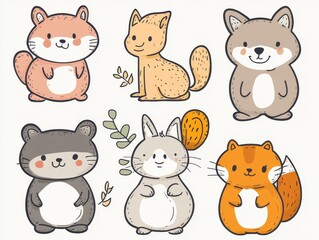 Fototapeta premium 2408 91.A set of hand-drawn cartoon animal stickers featuring cute and playful designs. The collection includes animals like a bear, cat, rabbit, and fox, each illustrated with expressive features
