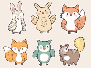 Fototapeta premium 2408 92.A charming sticker set of hand-drawn cartoon animals, including a bunny, owl, fox, and squirrel. Each character is illustrated in a cute doodle style with bright colors and happy expressions,