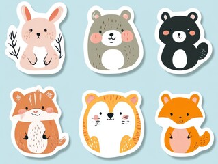 Fototapeta premium 2408 91.A set of hand-drawn cartoon animal stickers featuring cute and playful designs. The collection includes animals like a bear, cat, rabbit, and fox, each illustrated with expressive features