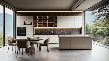 Bright home kitchen featuring a dining table, a spacious island, and a modern cabinet placed by a large window