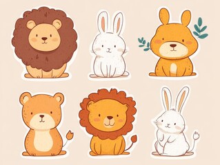 2408 94.A delightful sticker set of hand-drawn cartoon animals, including a lion, bear, and rabbit. The characters are illustrated in a cute doodle style with expressive eyes and fun details, making