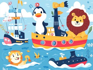 Naklejka premium 2408 99.A playful vector set of cartoon animals on boats and ships, including a penguin sailing a small boat, a lion on a luxury yacht, and a monkey exploring the ocean on a submarine. The bright,
