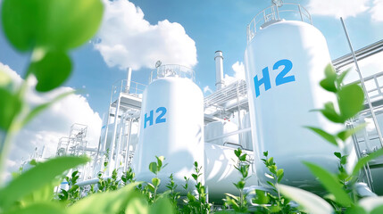 A vibrant and hyperrealistic hydrogen production factory showcases white cylindrical tanks labeled H2 amidst green foliage, illuminated by bright daylight