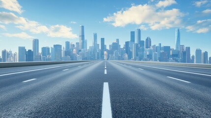 Obraz premium A long, empty road leading towards a modern city skyline under a blue sky with white clouds.