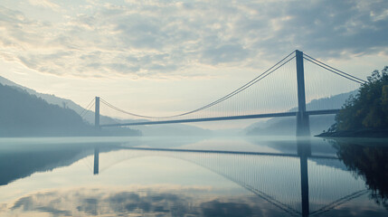 Obraz premium misty bridge over calm water at sunrise