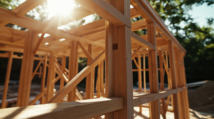 Fototapeta premium Close-Up of Wooden House Frame Structure with Sunlight Streaming Through, Highlighting Architectural Details