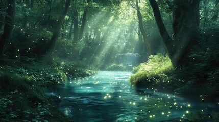Naklejka premium A glowing, ethereal forest where every leaf and blade of grass emits a soft light, with a crystal-clear river winding through.